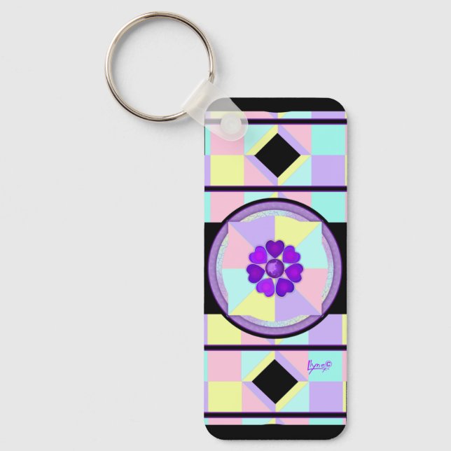 Pastel colours & purple hearts beating key ring (Front)