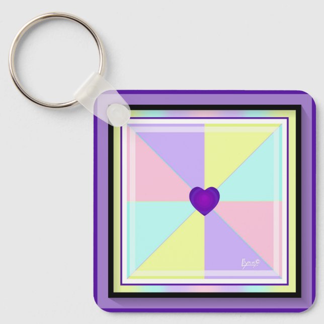 Pastel colours & purple hearts beating key ring (Front)