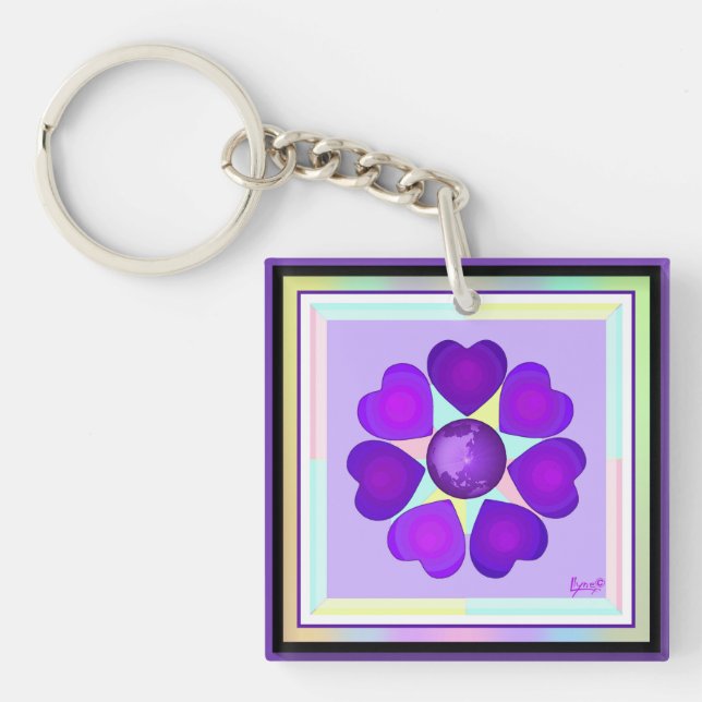 Pastel colours & purple hearts beating key ring (Front)