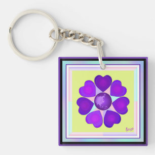 Pastel colours & purple hearts beating key ring