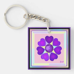 Pastel colours & purple hearts beating key ring