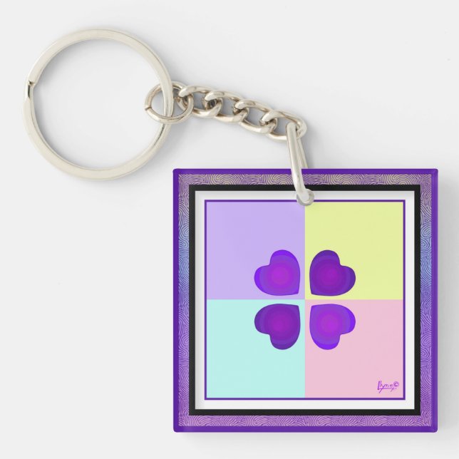 Pastel colours & purple hearts beating key ring (Front)