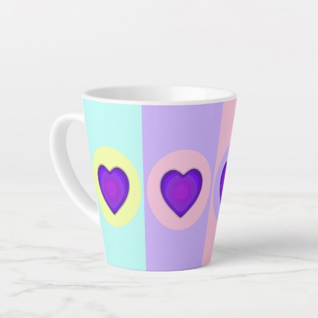 Pastel colours & purple hearts beating latte mug (Left Angle)