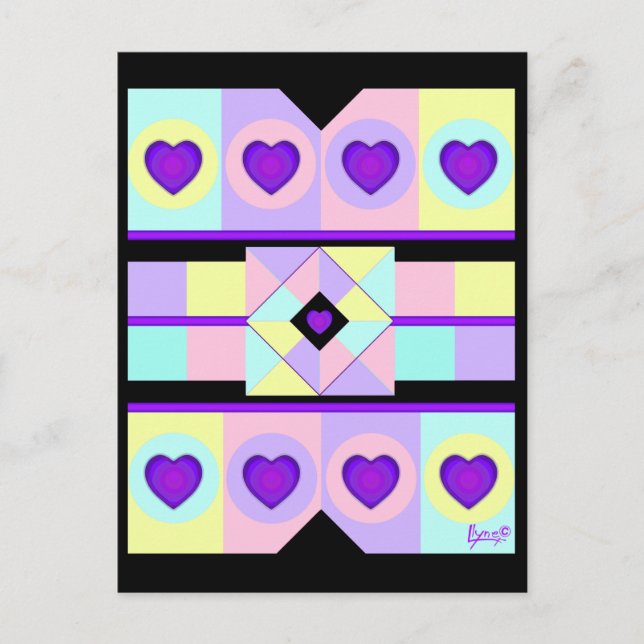 Pastel colours & purple hearts beating postcard (Front)