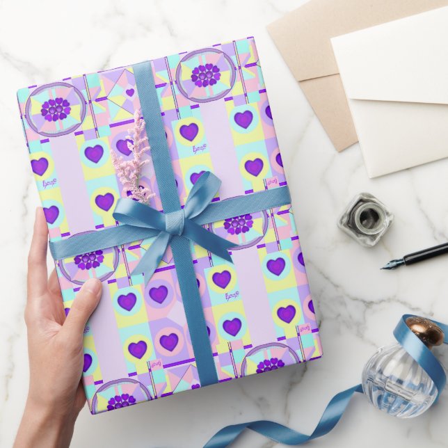 Pastel colours & purple hearts beating wrapping paper (Gifting)
