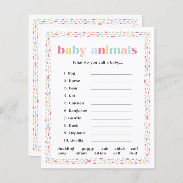 Pastel Colours Rainbow Baby Shower Animal Name Gam (Front/Back)