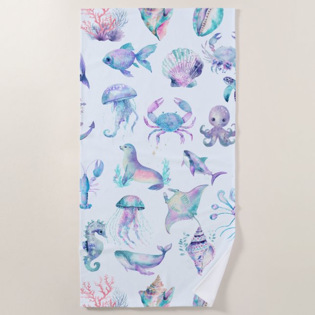 Pastel colours sea animals pattern beach towel (Front)