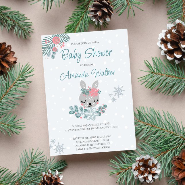Pastel colours snowy winter bunny baby shower  invitation (Winter boho baby shower pastel color cute bunny editable template invitation instant download)