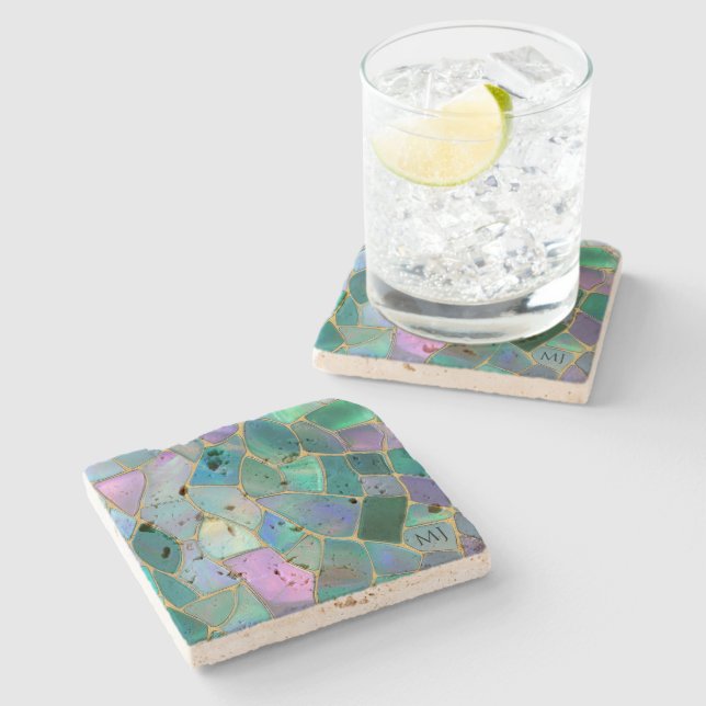 Pastel colours stained glass mosaic pattern stone coaster (Side)