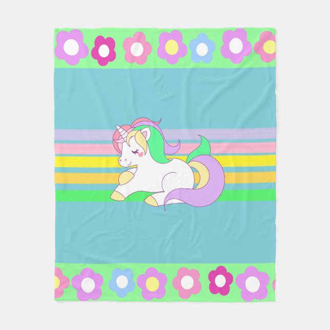 Pastel Colours Unicorn and Rainbow Fleece Blanket (Front)