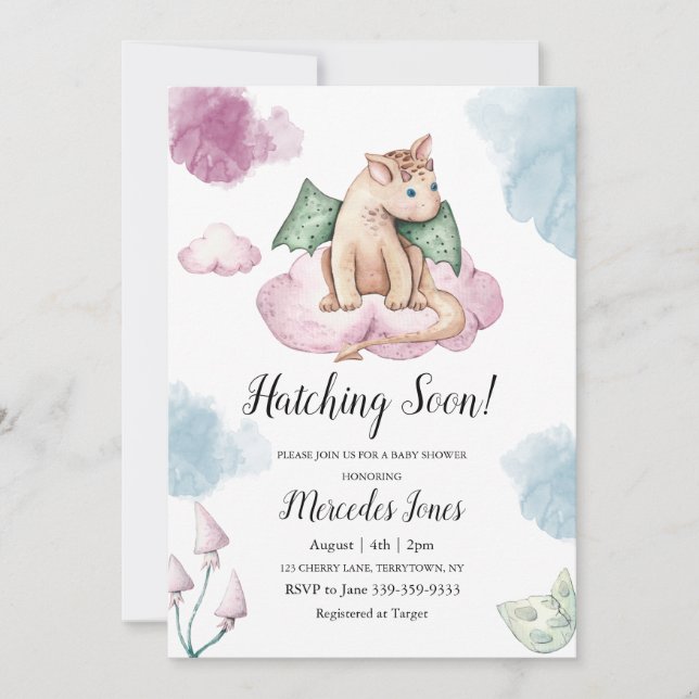 Pastel Colours Watercolor Dragon on Pink Cloud Invitation (Front)