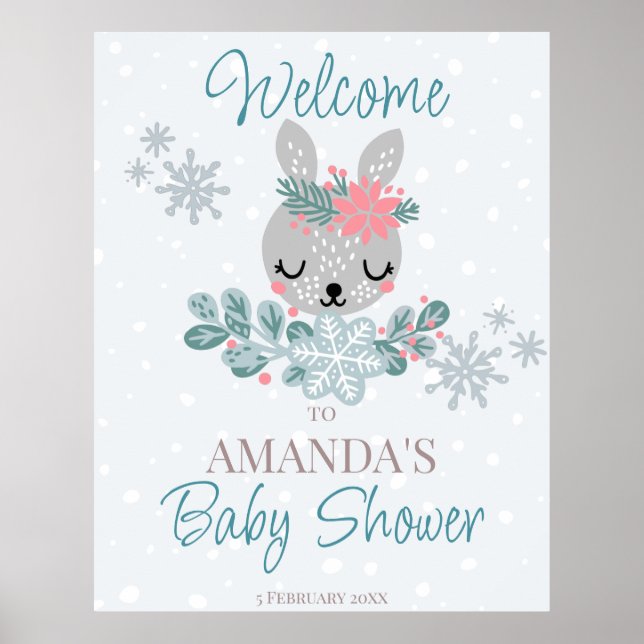 Pastel colours winter bunny baby shower welcome  poster (Front)