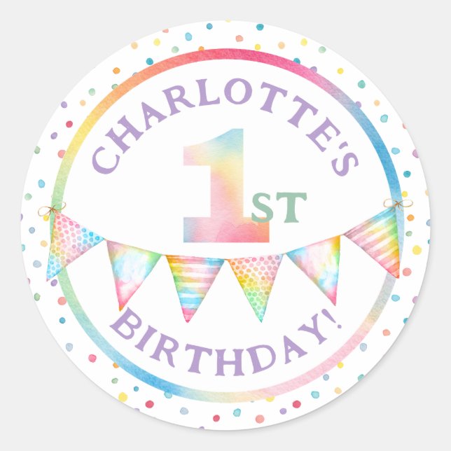 Pastel Confetti 1st Birthday Party Favour Sticker (Front)