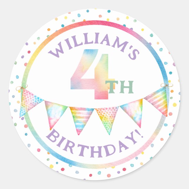 Pastel Confetti 4th Birthday Favour Sticker (Front)