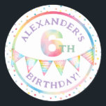 Pastel Confetti 6th Birthday Favour Sticker<br><div class="desc">Add a splash of colour to your child's sixth birthday with this vibrant round sticker featuring pastel rainbow confetti,  watercolor bunting,  and customisable text. Perfect for sealing party favour bags,  gift boxes,  or thank-you notes,  this sticker complements party animal,  rainbow,  or gender-neutral birthday themes.</div>