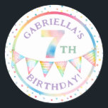 Pastel Confetti 7th Birthday Favour Sticker<br><div class="desc">Make your child’s seventh birthday extra special with this pastel confetti favour sticker,  featuring rainbow watercolor bunting and customisable name and age. A delightful way to seal treat bags,  decorate gift boxes,  or add charm to thank-you cards. Perfect for rainbow,  party animal,  or gender-neutral birthday themes.</div>