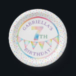 Pastel Confetti 7th Birthday Party Plates<br><div class="desc">Celebrate a colourful seventh birthday with these fun pastel paper plates featuring watercolor confetti,  rainbow bunting,  and customisable age and name. Perfect for party animal,  rainbow,  or gender-neutral themes,  these plates add cheerful charm to your table and help make post-party cleanup a breeze.</div>