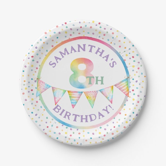 Pastel Confetti 8th Birthday Party Plates (Front)