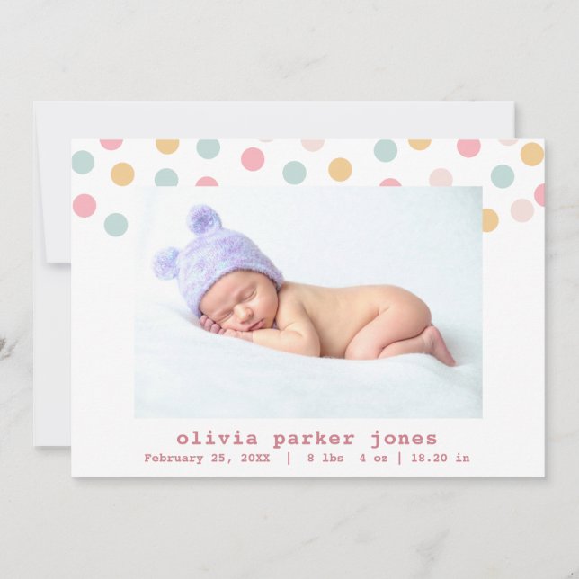 Pastel Confetti Dots Photo Collage Girl Birth Announcement (Front)