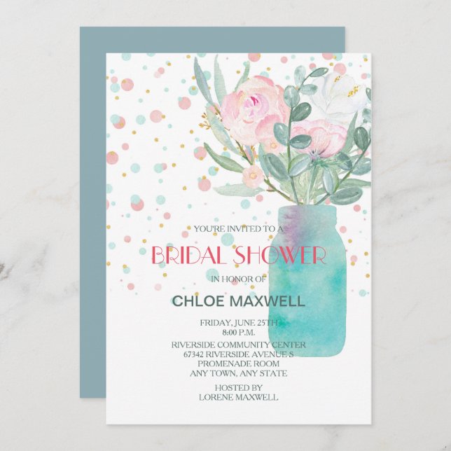 Pastel Confetti Mason Jar Bridal Shower Invitation (Front/Back)