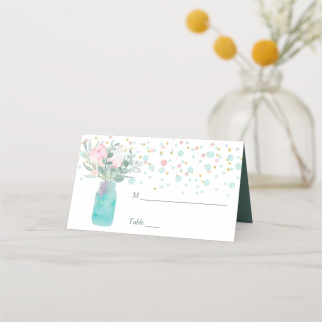 Pastel Confetti Mason Jar Wedding Place Card (Front)