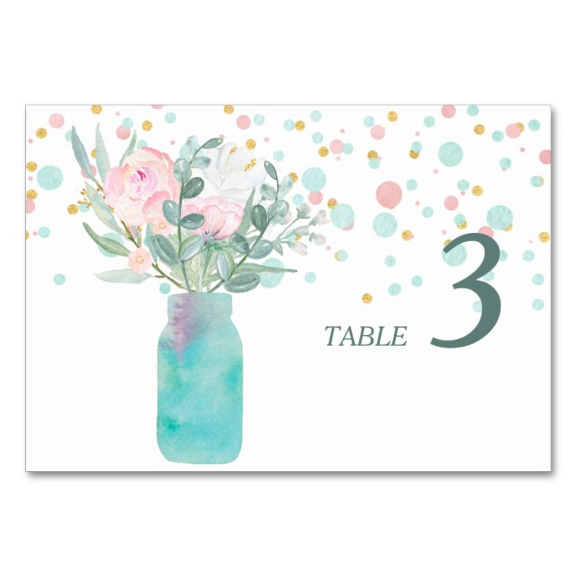 Pastel Confetti Mason Jar Wedding Table Table Number (Front)