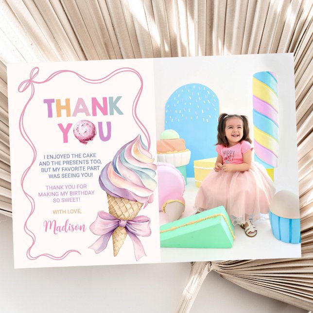 Pastel Coquette Ice Cream Girls Birthday Photo Thank You Card (Creator Uploaded)