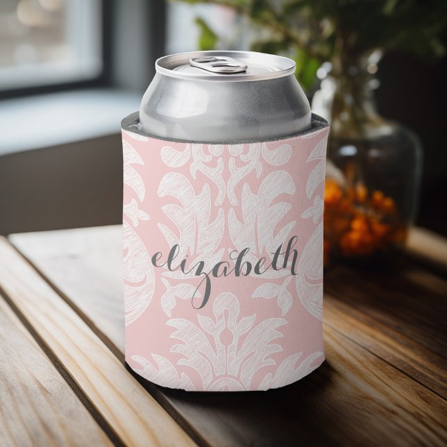 Pastel Coral and Grey Damask Pattern for Women Can Cooler (Personalized can cooler with custom text)