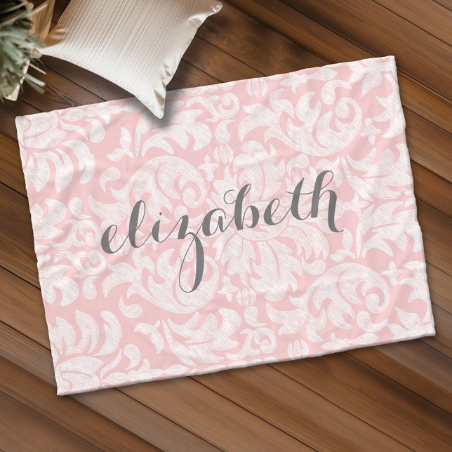 Pastel Coral and Grey Damask Script Name Fleece Blanket (Custom Fleece Blanket - Add Name)