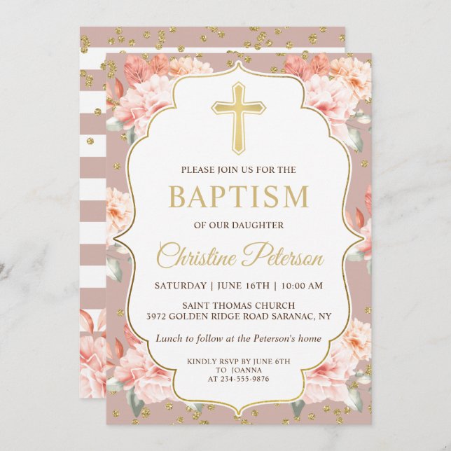 Pastel Coral Floral Gold Cross Girl Baptism Invitation (Front/Back)