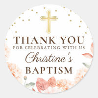 Pastel Coral Floral Gold Glitter Baptism Thank You