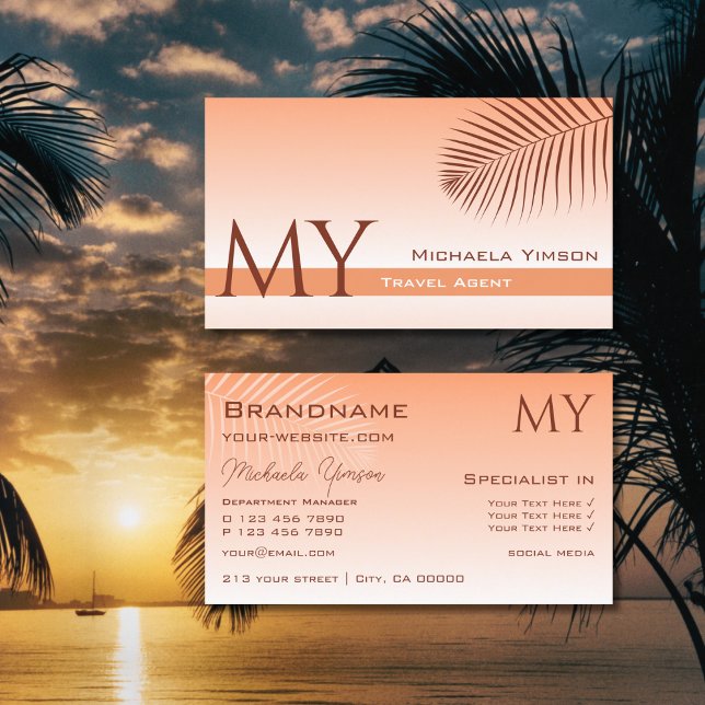 Pastel Coral Gradient and Palm Leaf with Monogram Business Card (Creator Uploaded)