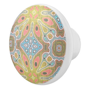 Pastel Coral Pink Red Yellow Blue Tribal Pattern Ceramic Knob