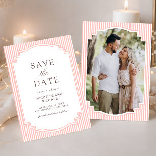 Pastel Coral Pink Striped Photo Wedding Save The Date
