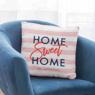 Pastel Coral Pink Stripes Blue Home Sweet Home Cushion