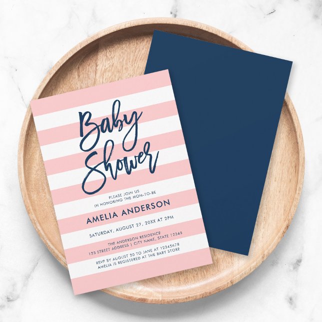 Pastel Coral Pink White Stripes Blue Baby Shower Invitation (Creator Uploaded)