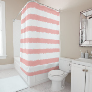 Pastel Coral Pink White Watercolor Stripes Shower Curtain