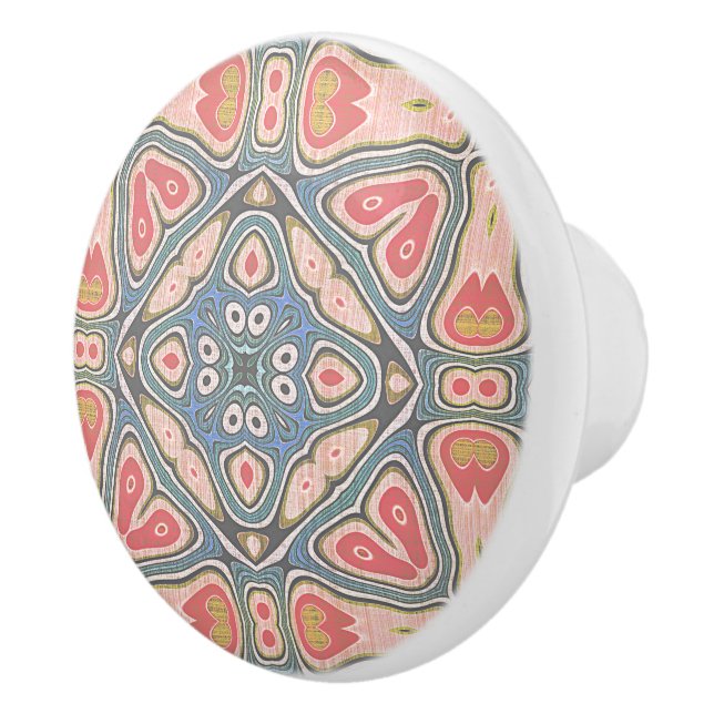 Pastel Coral Red Blush Pink Blue Tribal Pattern Ceramic Knob (Right)