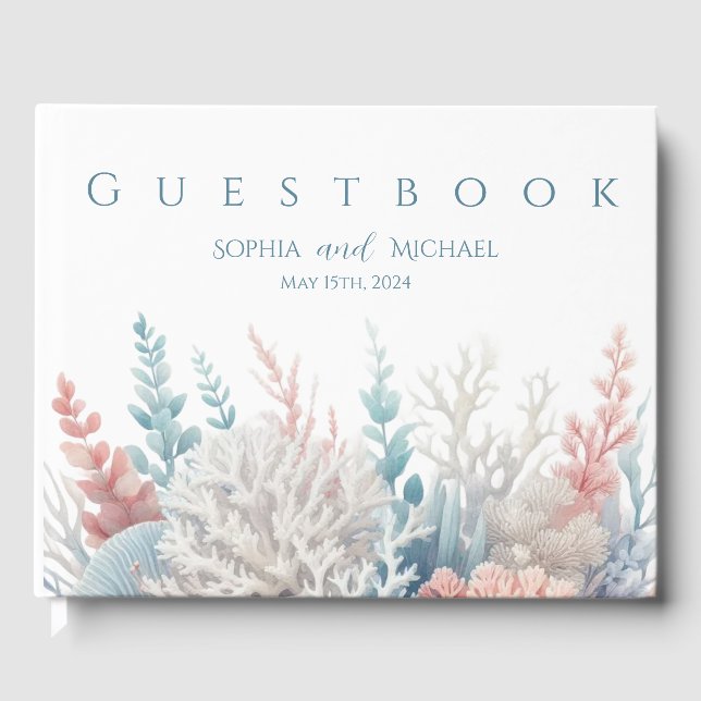 Pastel Coral Reef-Beach Wedding Guest Book (Front)