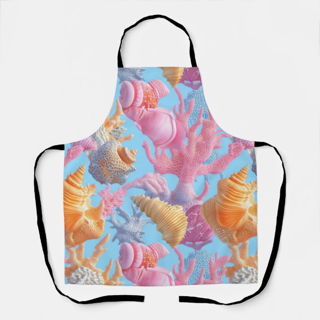 Pastel Coral Reef Seashell Lavender Turquoise Apron (Front)