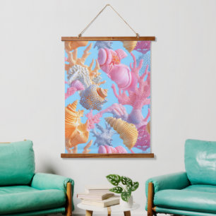 Pastel Coral Reef Seashell Lavender Turquoise Hanging Tapestry