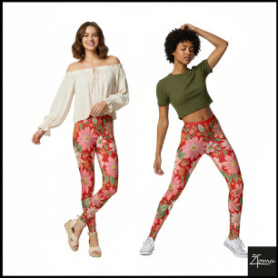 Pastel Coral Retro Floral Daisy Backdrop - Red Leggings