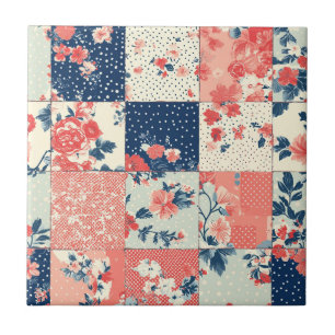 Pastel Cottage Floral Quilt in Indigo and Peach Ceramic Tile