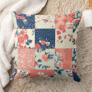 Pastel Cottage Floral Quilt in Indigo and Peach Cushion