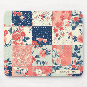 Pastel Cottage Floral Quilt in Indigo and Peach Mouse Pad