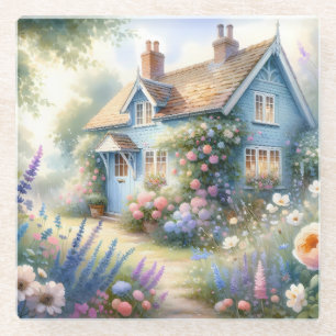 Pastel Cottage Garden Blue House Floral Scene Glass Coaster
