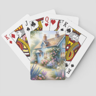 Pastel Cottage Garden Blue House Floral Scene Playing Cards