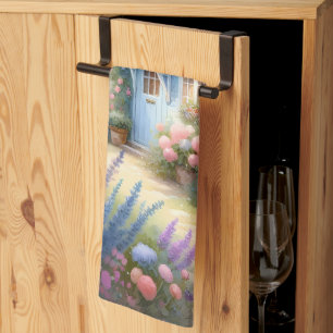 Pastel Cottage Garden Blue House Floral Scene Tea Towel