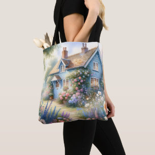 Pastel Cottage Garden Blue House Floral Scene Tote Bag