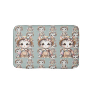 Pastel Cottagecore Cat in Overalls & Straw Hat Bath Mat